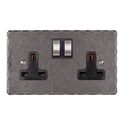 2 Gang Plug Socket Polished Hammered Plate, Steel Switches