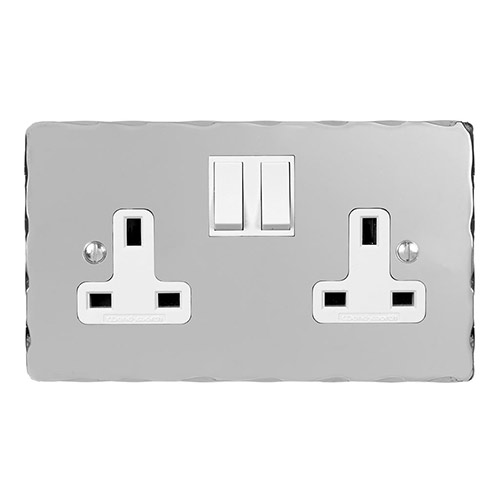 2 Gang Plug Socket Nickel Hammered Plate, White Switches