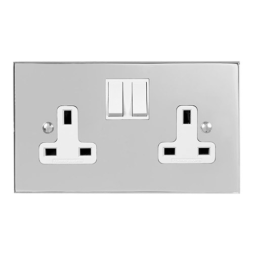 2 Gang Plug Socket Nickel Bevelled Plate, White Switches