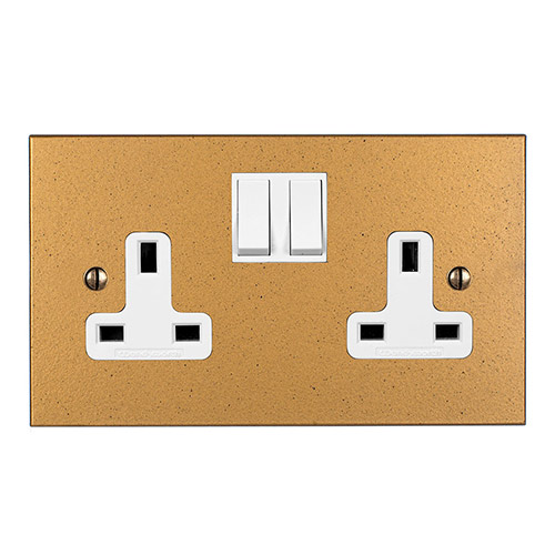 2 Gang Plug Socket Old Gold Bevelled Plate, White Switches