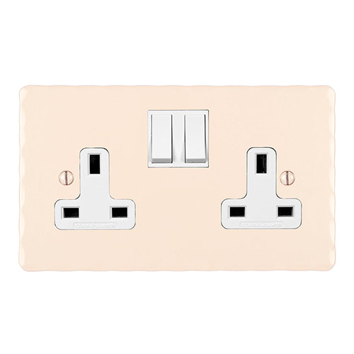 2 Gang Plug Socket Plain Ivory Hammered Plate, White Switches