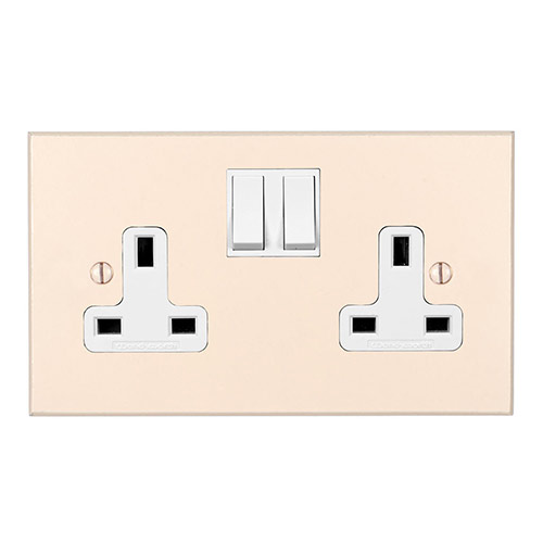 2 Gang Plug Socket Plain Ivory Bevelled Plate, White Switches