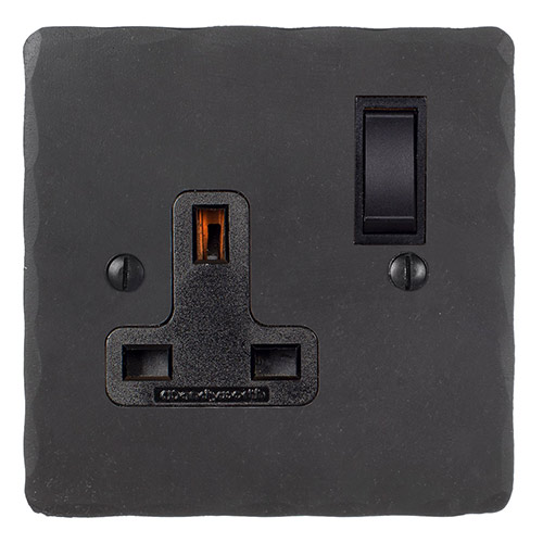 1 Gang Plug Socket Beeswax Hammered Plate, Black Switch