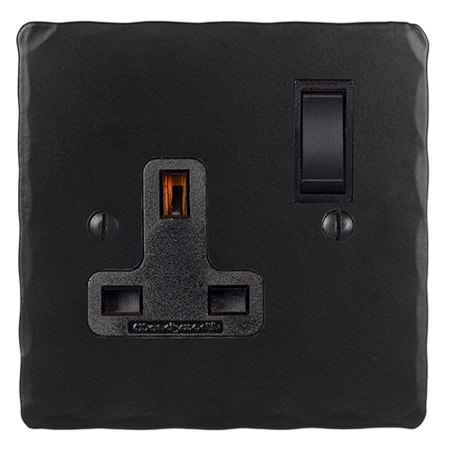 1 Gang Plug Socket Matt Black Hammered Plate, Black Switch