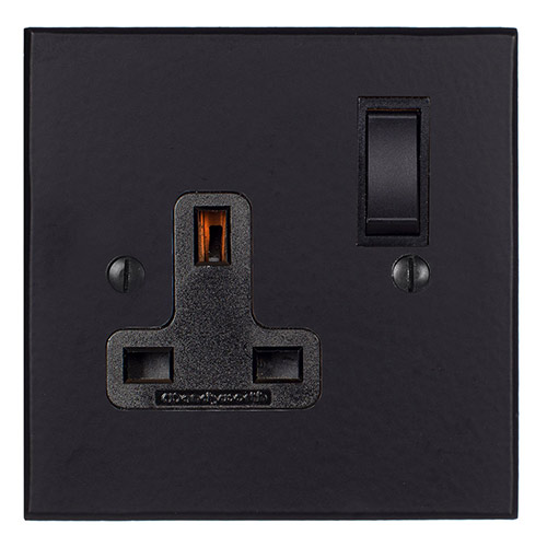 1 Gang Plug Socket Matt Black Bevelled Plate, Black Switch