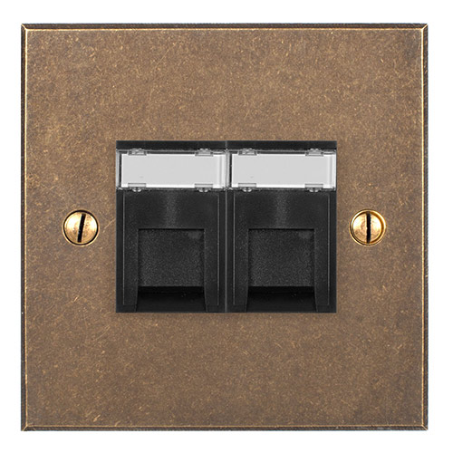 Combined BT Secondary/RJ45 Socket Antiqued Brass Bevelled Plate, Black Insert
