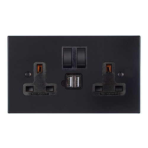 13amp 2 Gang Plug Socket Dual USB Port Matt Black Bevelled Plate, Black Switches