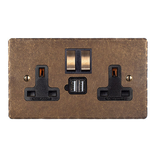 13 Amp 2 Gang Plug Socket Dual USB Port Antiqued Brass Hammered Plate, Brass Switches