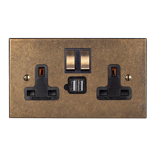 13 Amp 2 Gang Plug Socket Dual USB Port Antiqued Brass Bevelled Plate, Brass Switches