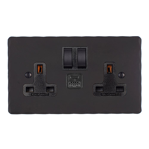13amp 2 Gang Socket USB-A/C Port Beeswax, Hammered, Black Switches