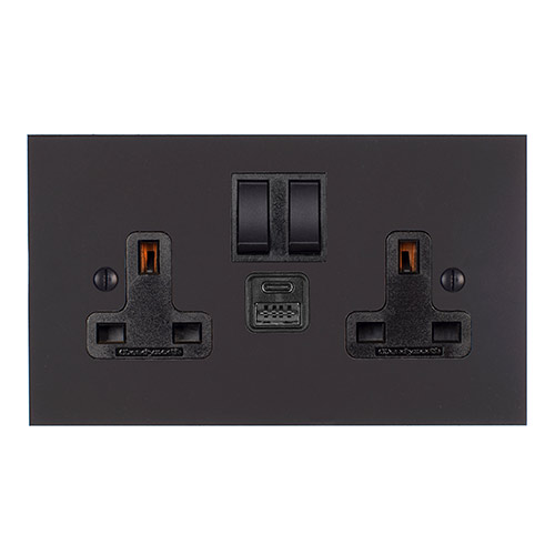 13amp 2 Gang Socket USB-A/C Port Beeswax, Bevelled, Black Switches