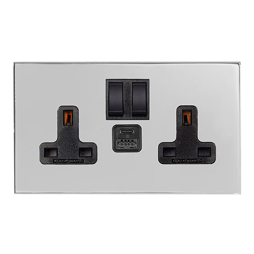 13amp 2 Gang Socket USB-A/C Port Nickel, Bevelled, Black Switches