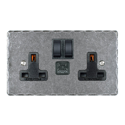 13amp 2 Gang Socket USB-A/C Port Polished, Hammered, Black Switches
