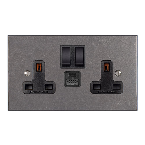 13amp 2 Gang Socket USB-A/C Port Polished, Bevelled, Black Switches