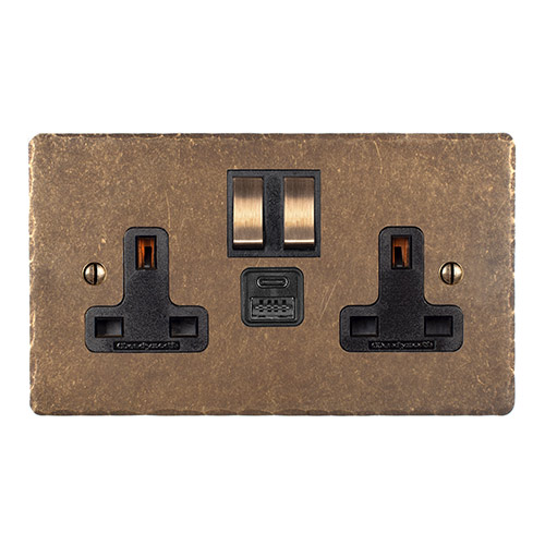 13amp 2 Gang Socket USB-A/C Port in Antiqued Brass, Hammered, Brass Switches