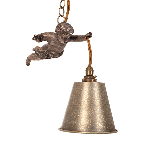 Brass Cherub Pendant Light in Antiqued Brass