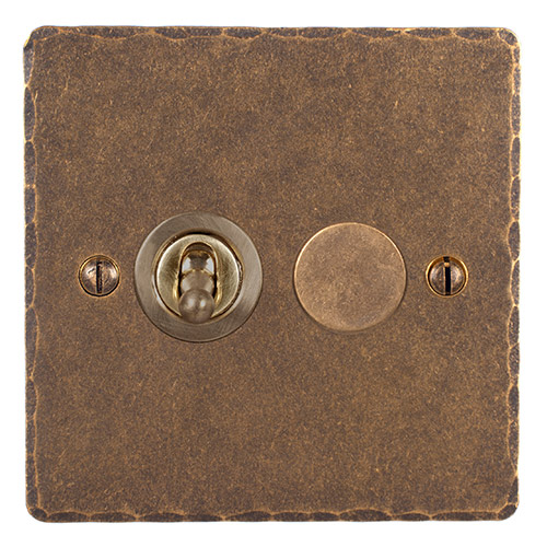 2 Gang Brass Dolly/Rotary Dimmer Switch Antiqued Brass Hammered Plate