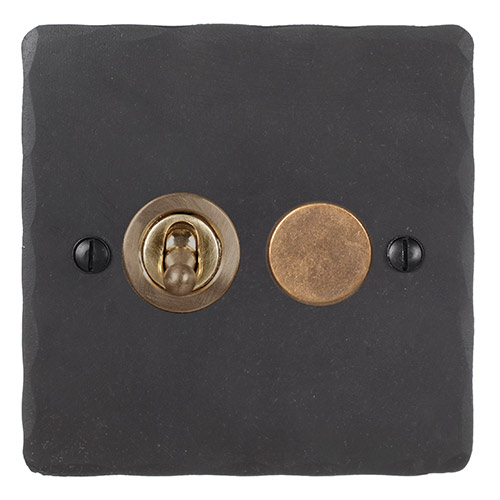 2 Gang Brass Dolly/Rotary Dimmer Switch Beeswax Hammered Plate