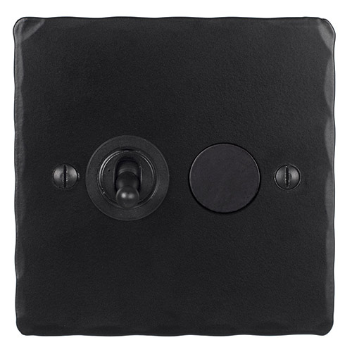 2 Gang Black Dolly/Rotary Dimmer Switch Matt Black Hammered Plate