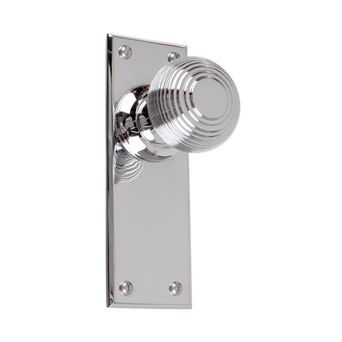 Reeded Door Knob, Bristol Plain Plate, Nickel