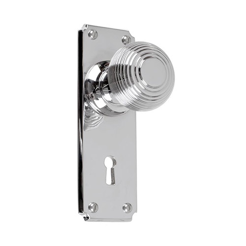 Reeded Door Knob, Ilkley Keyhole Plate, Nickel