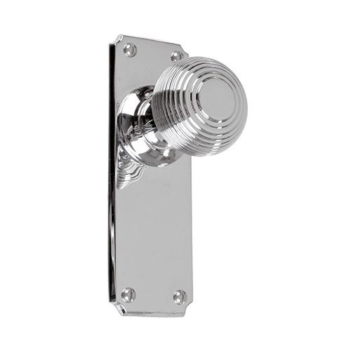 Reeded Door Knob, Ilkley Plain Plate, Nickel