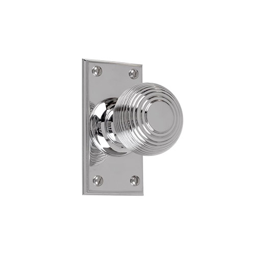 Reeded Door Knob, Ripley Short Plate, Nickel
