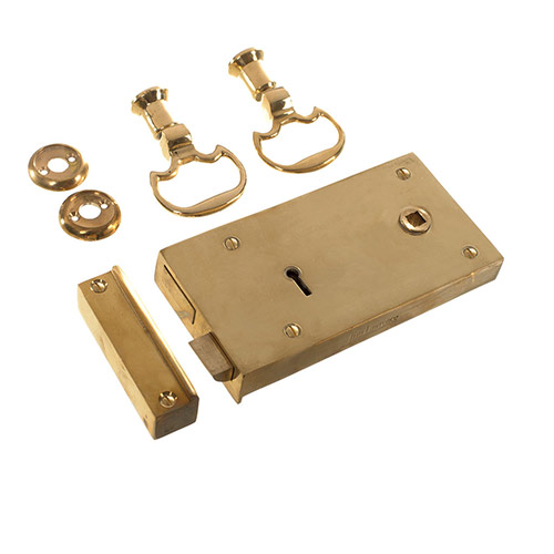 Rim Lock (Left) with Mews Handle, Polished Brass