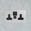 13amp 2 Gang Socket USB-A/C Port Nickel, Bevelled, Black Switches
