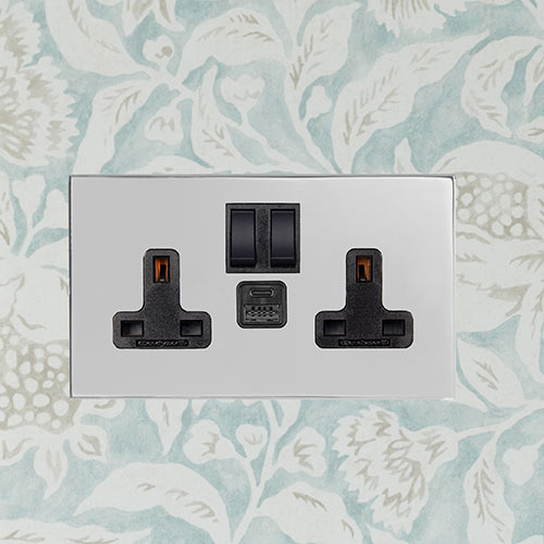 2 Gang Plug Socket with USB-A/C port in nickel