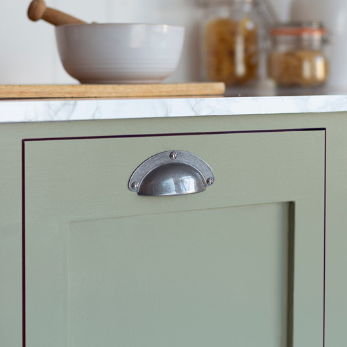 Schoolhouse Drawer Pull on Drab Green unit